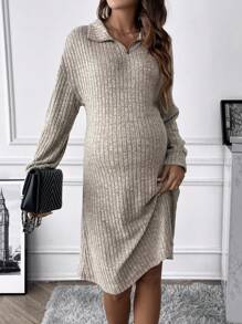 SHEIN Premaman Abiti con zip spalle cadenti in maglia a coste - Albicocca - Visualizzare 1