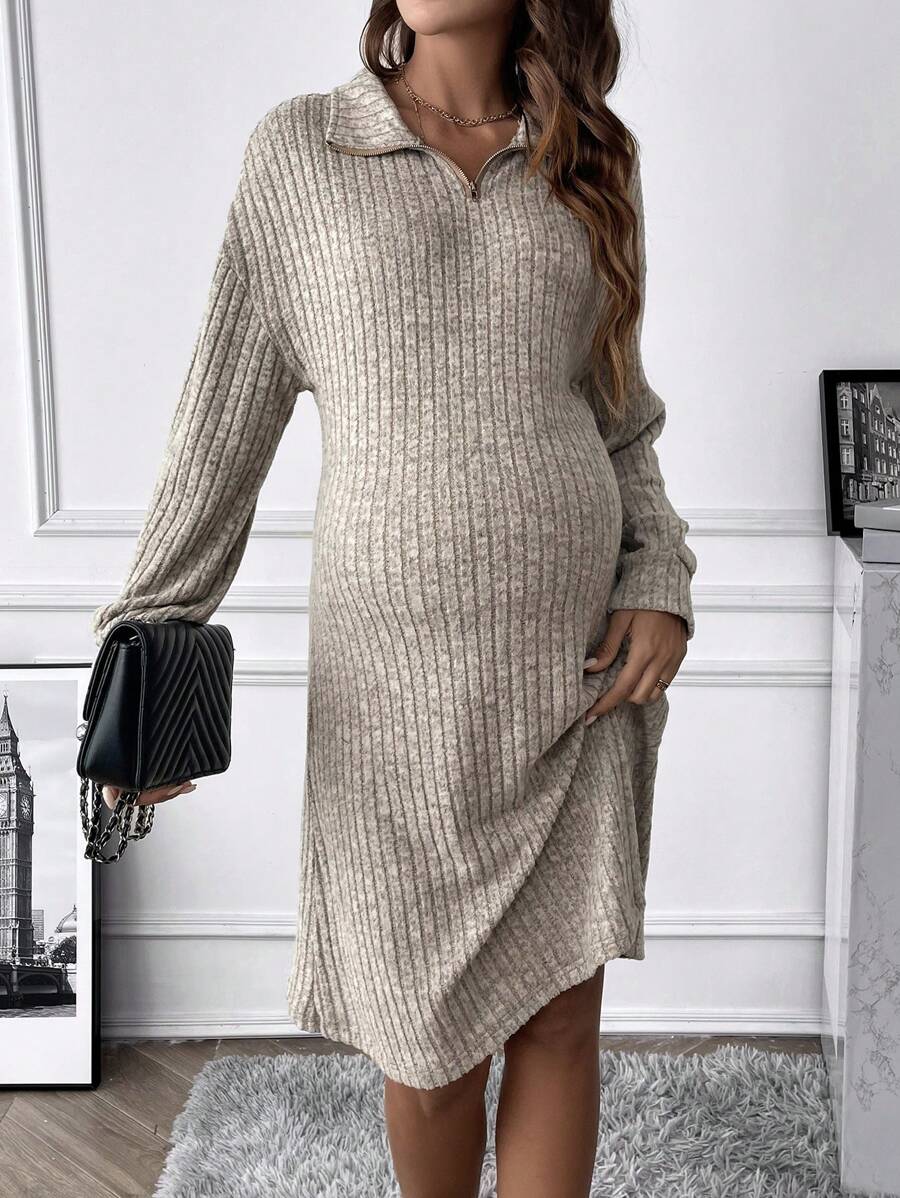 SHEIN Premaman Abiti con zip spalle cadenti in maglia a coste - Albicocca - Visualizzare 1