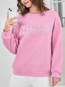 SHEIN EZwear 水鑽字母圖案落肩袖運動衫 - 粉色 - 查看 4