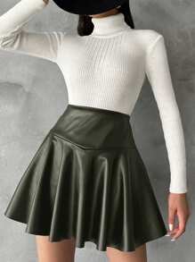 SHEIN Cottnline Solid Color Side Zipper Skirt - Army Green - View 3