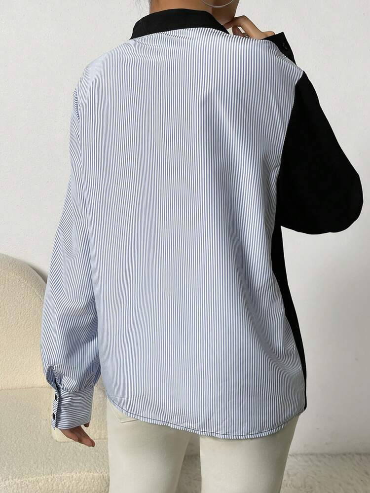 Women's Striped Contrast Color Lantern Sleeve Shirt