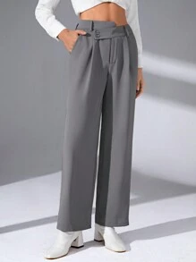 SHEIN Essnce Chất rắn Túi nghiêng quần ống rộng Quần tây - Màu xám đen - Xem 1