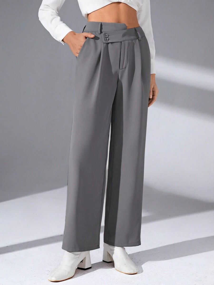 SHEIN Essnce Chất rắn Túi nghiêng quần ống rộng Quần tây - Màu xám đen - Xem 1