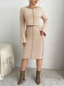 SHEIN Essnce Plus Top-stitching Split Sleeve Tee & Pencil Skirt - Khaki - View 5