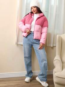 SHEIN EZwear Teddy Panel Zip Up Padded Coat - Hot Pink - View 5