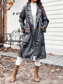 SHEIN LUNE Figure Graphic Lapel Neck Open Front Overcoat