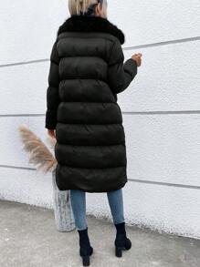 Chiquease 毛绒装饰连帽加厚棉服外套冬季 - 黑色 - 查看 2