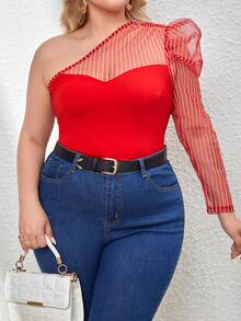 SHEIN Privé Talla grande Top de un hombro de malla de manga gigot - Rojo - Ver 4