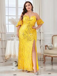 Hơn Off Shoulder Tách đùi Kim sa Ăn mặc trang trọng - Màu vàng - Xem 3