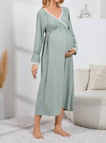 SHEIN 孕婦蕾絲拼接荷葉袖交叉領睡裙 - 綠色 - 查看 6