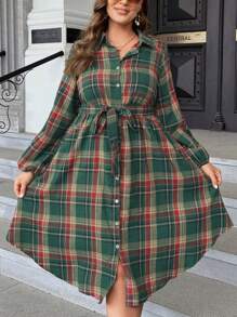 SHEIN LUNE Plus Tartan Print Belted Shirt Dress Maxi Women Outfit