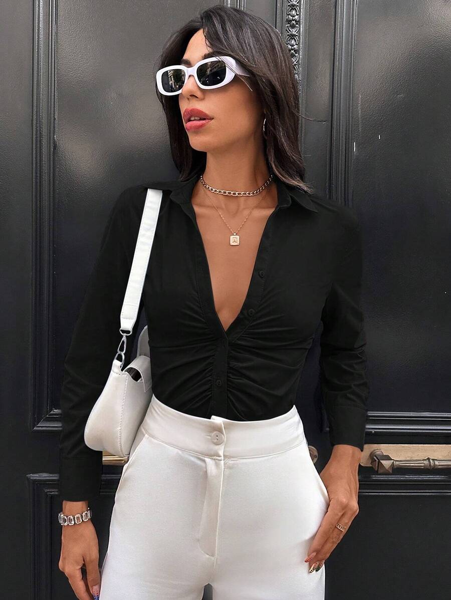 EURMUSE Solid Ruched Button Front Shirt - Black - View 1