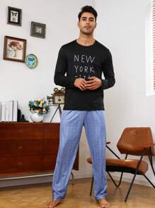 Men Striped Print Sleep Pants - Blue - View 1
