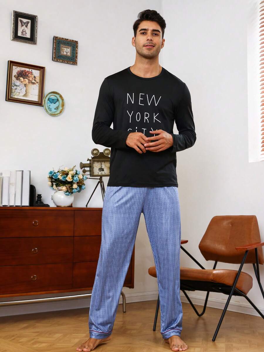 Men Striped Print Sleep Pants - Blue - View 1