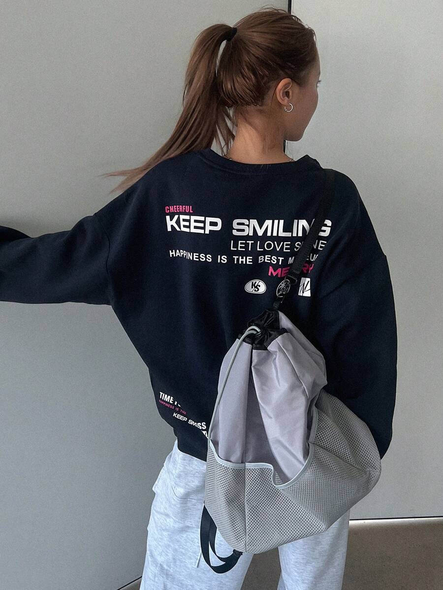 Dazy Star 標語圖案落肩袖超大套頭衫 - 藏蓝色 - 查看 1