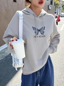 DAZY Hoạt hình Bướm & Chữ cái Thả vai Dây rút Hoodie - Xám - Xem 1