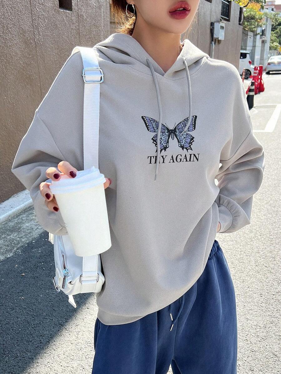 DAZY Hoạt hình Bướm & Chữ cái Thả vai Dây rút Hoodie - Xám - Xem 1