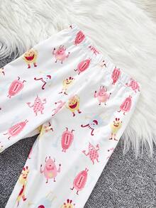 SHEIN Young Girl Cartoon Print Contrast Trim Snug Fit PJ Set - Multicolor - View 4