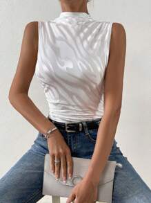 Chiquease Top tank con estampado de mármol de cuello alto - Blanco - Ver 3