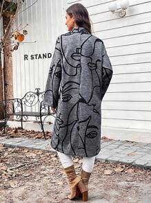 SHEIN LUNE Figure Graphic Lapel Neck Open Front Overcoat