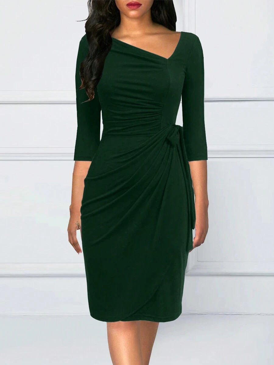 Cổ không đối xứng Nút ven Váy Wrap Hem - Màu xanh lá cây đậm - Xem 1