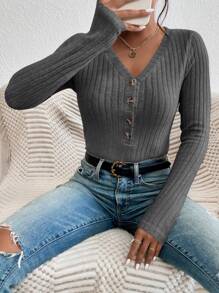 SHEIN Frenchy Button Front Ribbed Knit Slim Fit Bodysuit