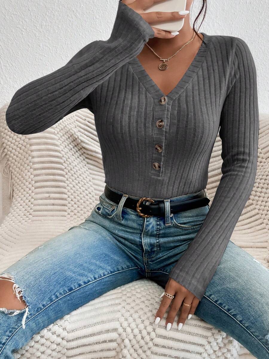 SHEIN Frenchy Button Front Ribbed Knit Slim Fit Bodysuit