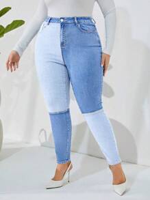 SHEIN CURVE+ Plus Size Women Elastic Denim Blue Patchwork Skinny Leggings - Blue - View 2
