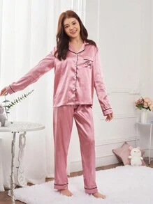 SHEIN Explorewe 青少年女孩字母刺繡拼接滾邊緞面睡衣套裝 - 藕粉色 - 查看 3