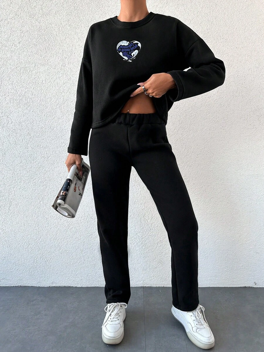 Slogan and Wave Print Drop Shoulder Tee & Pants - Black - View 1