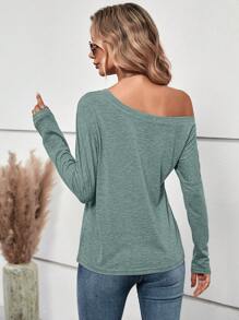 SHEIN LUNE Camiseta con estampado de corazón de cuello asimétrico - Verde Oscuro - Ver 2