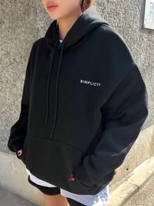 Dazy Star 標語圖案落肩袖抽繩連帽衫 - 黑色 - 查看 7