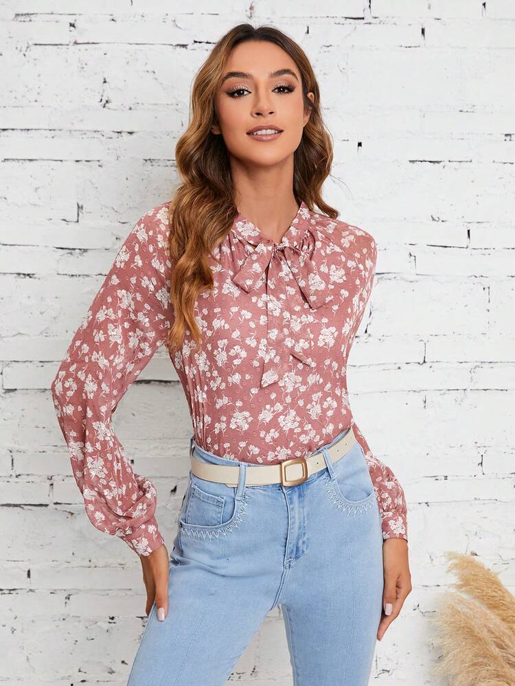 Floral Print Tie Neck Raglan Sleeve Blouse Winter Vacation Flower Pink