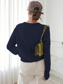 DAZY New Solid Color Casual Business Knit Sweater, Autumn,Fall Women Clothes - Navy Blue - View 3