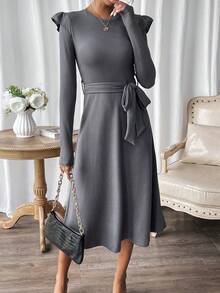 SHEIN Essnce Solid Belted A-line Dress - Dark Grey - View 6