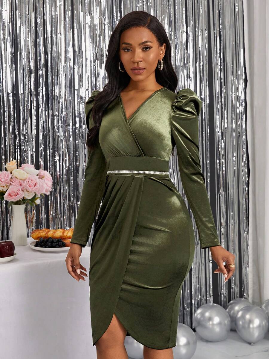 SHEIN Lady 羊腿袖圍裹連衣裙 - 綠色 - 查看 1