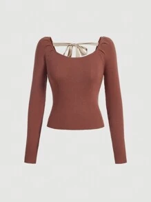 SHEIN MOD Solid Tie Back Puff Sleeve Sweater - Rust Brown - View 1