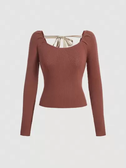 SHEIN MOD Solid Tie Back Puff Sleeve Sweater