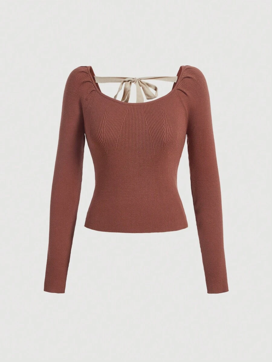 SHEIN MOD Solid Tie Back Puff Sleeve Sweater - Rust Brown - View 1