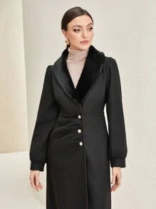 Modelyn Borg Collar Button Front Coat - Black - View 6