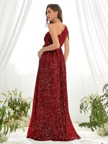 Maternity One Shoulder Split Thigh Sequin Formal Dress - Red - View 2