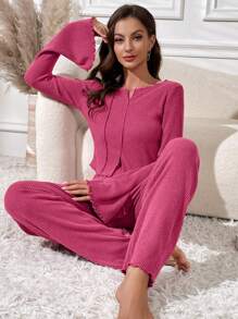 Notched Neck Split Hem Lounge Set - Hot Pink - View 1