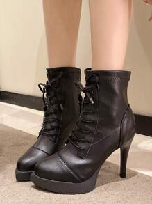 女性時尚尖頭繫帶靴,薄高跟鞋,防水防水台,合適的適用於場合