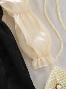 SHEIN 幼童女孩公主風格休閒&甜美&優雅荷葉袖禮服連蝴蝶結