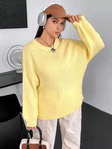 Flirla Plus Solid Drop Shoulder Sweater - Yellow - View 7