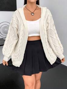 Flirla Plus Cable Knit Drop Shoulder Hooded Duster Cardigan - Beige - View 3