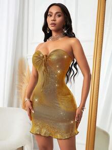 前抽繩荷葉邊抹胸緊身連衣裙 - 金色 - 查看 3