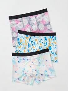 Men Multicolor Floral Geometric Print Trunks With Contrast Binding, Slight Stretch Fabric, Comfortable Fit Underwear. - Multicolor - View 3