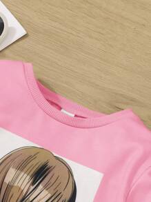 SHEIN Young Girls' Printed Sweatshirt And Flared Pants With Denim Effect Set