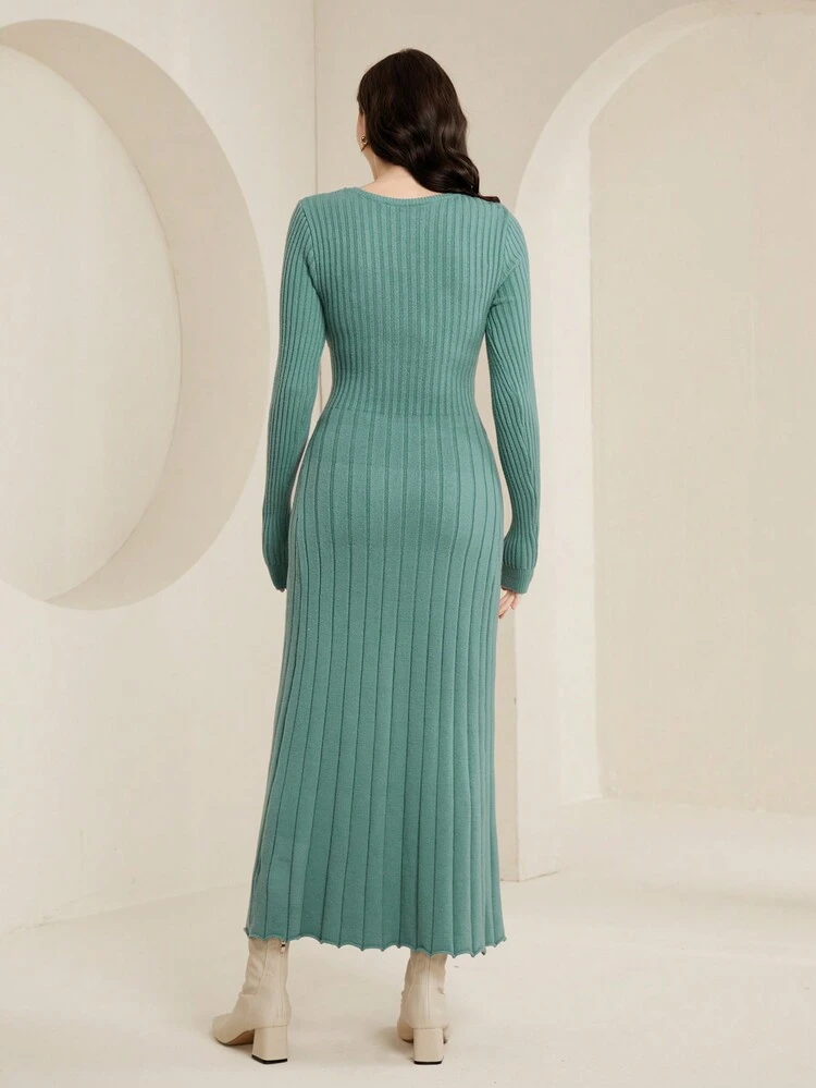 Drawstring Front Lettuce Trim Sweater Dress